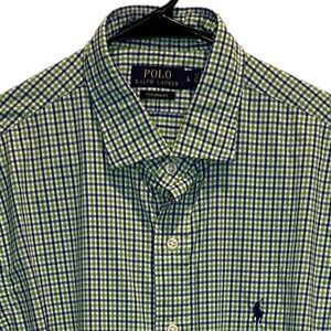 Polo Ralph Lauren Men's‎ Performance Check Plaid Green Blue Large Shirt Stretch